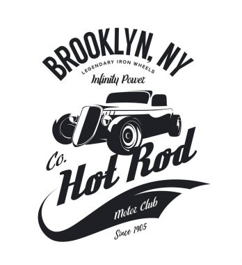 Vintage hot rod vektör logo kavramı beyaz arka plan üzerinde izole. Premium Kalite eski spor araba logo t-shirt amblemi illüstrasyon. Brooklyn, New York sokak giyim üstün retro tee baskı tasarımı.