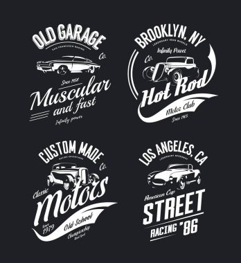 Vintage roadster, özel sıcak çubuk ve izole kas araba vektör tişört logo ayarlayın. Premium Kalite eski spor araç logo t-shirt amblemi illüstrasyon. Sokak giyim üstün retro tee baskı tasarımı.