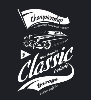 Vintage araç vektör logo koyu arka plan üzerinde izole. Premium Kalite eski klasik otomobil logo tişört amblemi illüstrasyon. Los Angeles, California sokak giyim üstün retro tee baskı tasarımı.