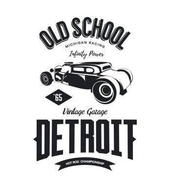 Vintage hot rod araç vektör logosu beyaz arka plan üzerinde izole. Premium Kalite eski spor araba logo t-shirt amblemi illüstrasyon. Detroit, Michigan sokak giyim üstün retro tee baskı tasarımı.