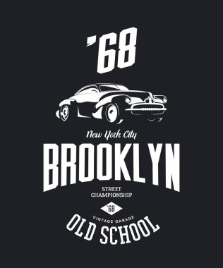 Koyu arka plan üzerinde izole vintage araç vektör tişört logosunu görmeniz gerekir. Premium Kalite eski spor araba logo t-shirt amblemi illüstrasyon. Brooklyn, New York sokak giyim üstün retro tee baskı tasarımı.