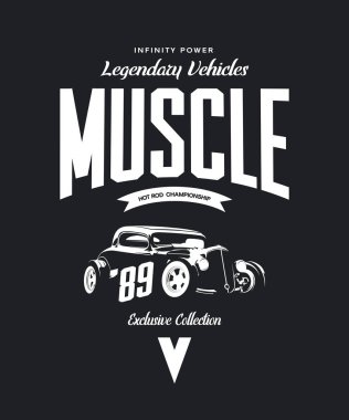 Koyu arka plan üzerinde izole vintage özel sıcak çubuk vektör tişört logosunu görmeniz gerekir. Premium Kalite eski spor araba logo t-shirt amblemi illüstrasyon. Amerikan sokak giyim üstün retro tee baskı tasarımı.
