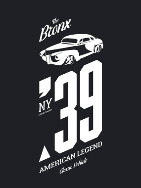 Koyu arka plan üzerinde izole vintage araç vektör tişört logosunu görmeniz gerekir. Premium Kalite eski spor araba logo t-shirt amblemi illüstrasyon. Bronx, New York sokak giyim üstün retro tee baskı tasarımı.