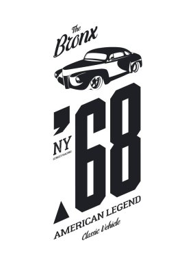 Beyaz arka plan üzerinde izole vintage araç vektör tişört logosunu görmeniz gerekir. Premium Kalite eski spor araba logo t-shirt amblemi illüstrasyon. Bronx, New York sokak giyim üstün retro tee baskı tasarımı.