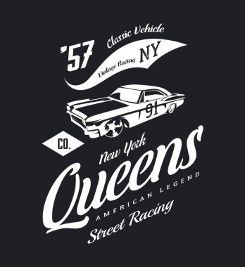 Vintage kas araba vektör logo koyu arka plan üzerinde izole. Premium Kalite eski spor araç logo t-shirt amblemi illüstrasyon. Queens, New York sokak giyim üstün retro tee baskı tasarımı.