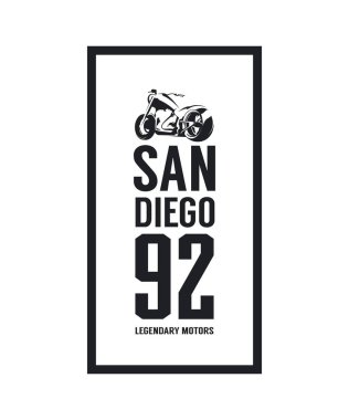 Vintage motosiklet vektör logosu beyaz arka plan üzerinde izole. Premium Kalite bisikletçinin çete logo tişört amblemi illüstrasyon. San Diego, Kaliforniya sokak giyim üstün retro tee baskı tasarımı.