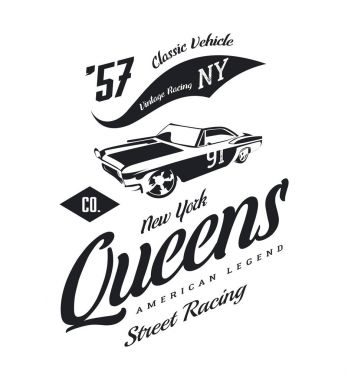 Vintage kas araba vektör logosu beyaz arka plan üzerinde izole. Premium Kalite eski spor araç logo t-shirt amblemi illüstrasyon. Queens, New York sokak giyim üstün retro tee baskı tasarımı.
