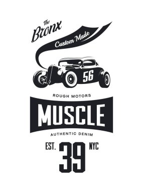 Beyaz arka plan üzerinde izole vintage hot rod araç vektör tişört logosunu görmeniz gerekir. Premium Kalite spor araba logo t-shirt amblemi illüstrasyon. Bronx, New York sokak giyim üstün retro tee baskı tasarımı