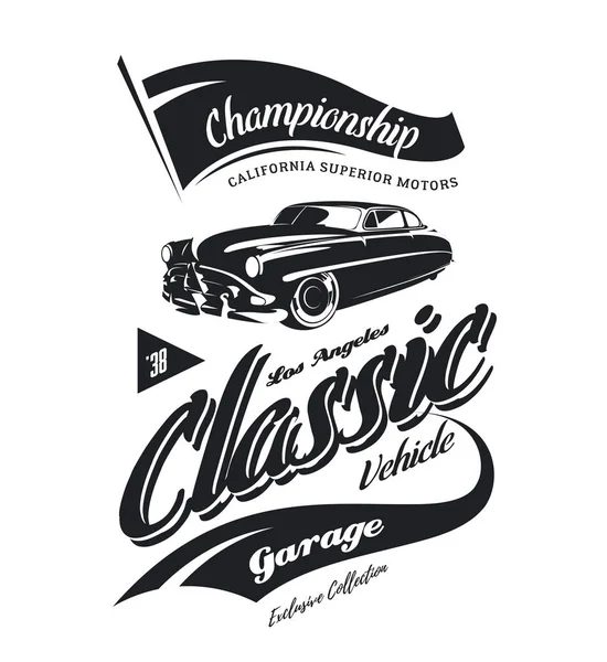 Vintage araç vektör logosu beyaz arka plan üzerinde izole. Premium Kalite eski klasik otomobil logo tişört amblemi illüstrasyon. Los Angeles, California sokak giyim üstün retro tee baskı tasarımı.