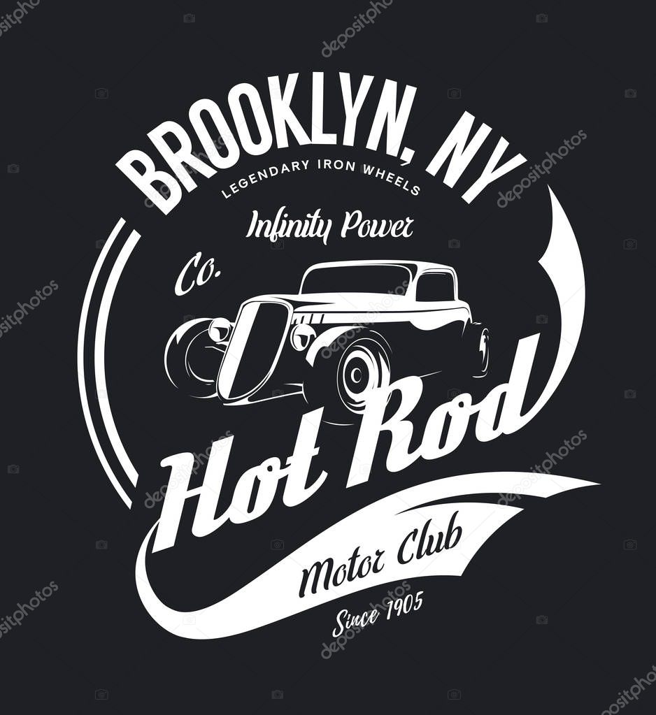 Vintage hot rod vector tee-shirt logo isolated on dark background. Premium quality old sport car logotype t-shirt emblem illustration. Brooklyn, New York street wear superior retro tee print design.