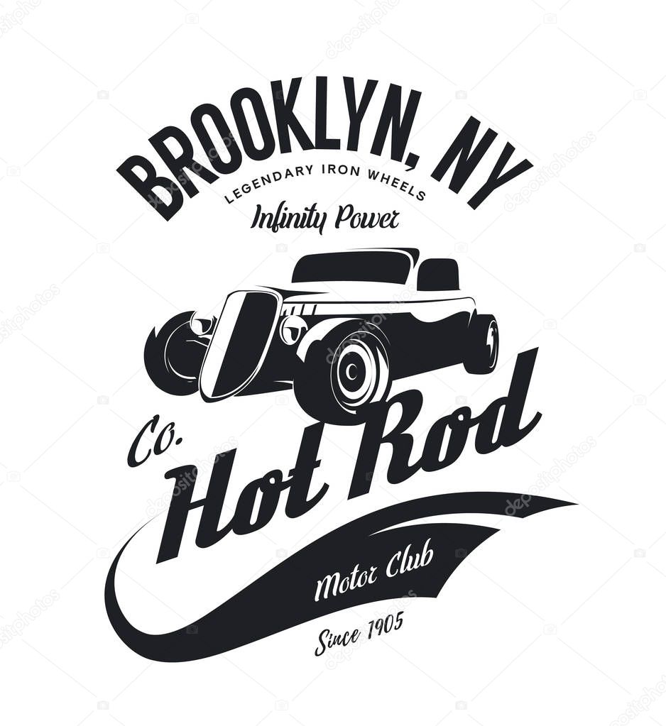 Vintage hot rod vector logo concept isolated on white background. Premium quality old sport car logotype t-shirt emblem illustration. Brooklyn, New York street wear superior retro tee print design.