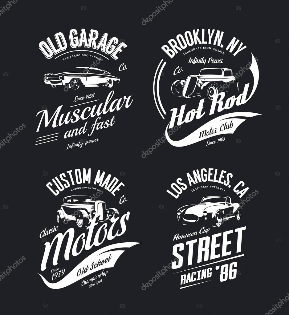 Vintage roadster, custom hot rod and muscle car vector tee-shirt logo isolated set.Premium quality old sport vehicle logotype t-shirt emblem illustration. Street wear superior retro tee print design.