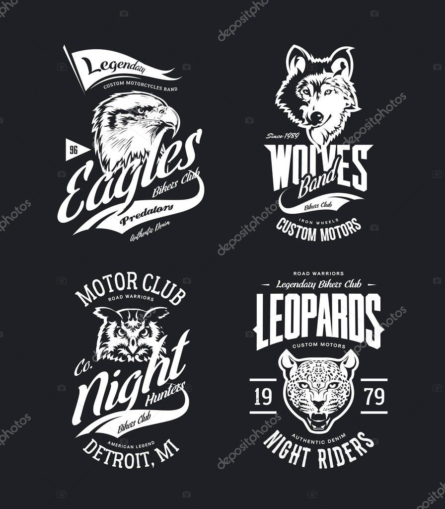 Vintage leopard, wolf, eagle and owl bikers club t-shirt vector isolated logo set.Premium quality motor band logotype tee-shirt emblem illustration. Wild animal mascot street wear tee print design.