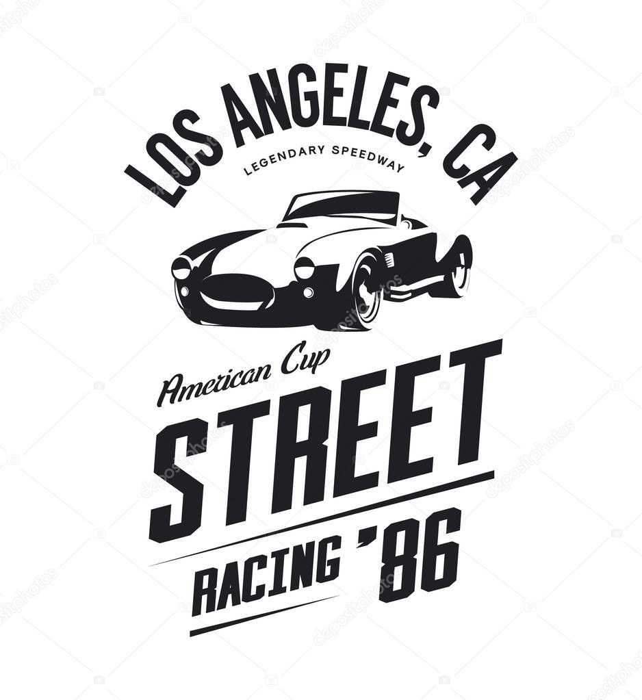 Vintage roadster car vector logo isolated on white background. Premium quality old sport vehicle logotype t-shirt emblem illustration. Los Angeles racing street wear superior retro tee print design.