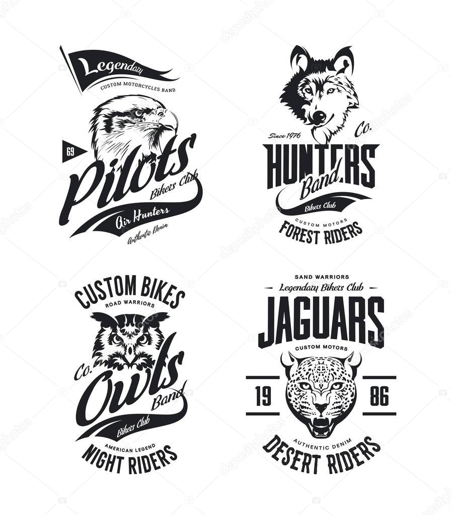 Vintage jaguar, wolf, eagle and owl bikers club t-shirt vector isolated logo set.Premium quality motor band logotype tee-shirt emblem illustration. Wild animal mascot street wear tee print design.