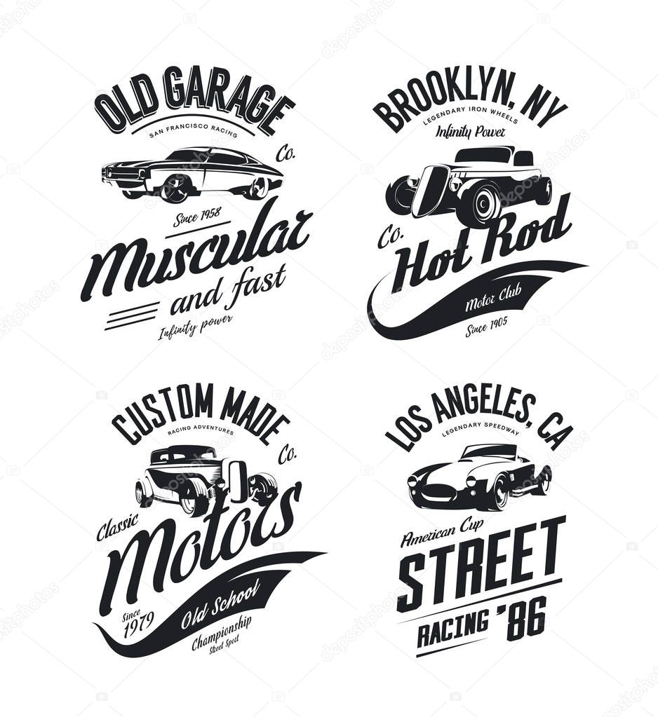 Vintage roadster, custom hot rod and muscle car vector tee-shirt logo isolated set.Premium quality old sport vehicle logotype t-shirt emblem illustration. Street wear superior retro tee print design.