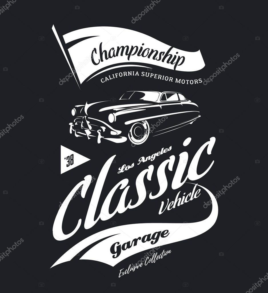 Vintage vehicle vector logo isolated on dark background. Premium quality old classic car logotype tee-shirt emblem illustration. Los Angeles, California street wear superior retro tee print design.