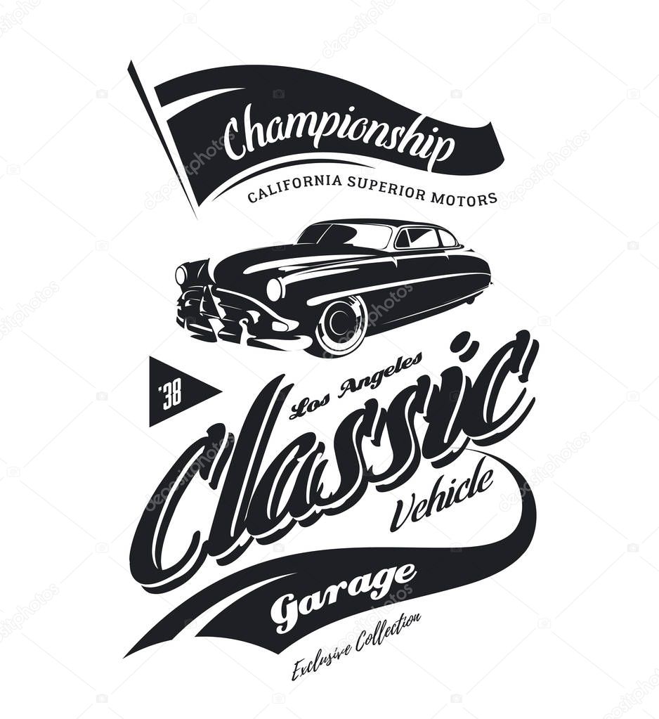 Vintage vehicle vector logo isolated on white background. Premium quality old classic car logotype tee-shirt emblem illustration. Los Angeles, California street wear superior retro tee print design.