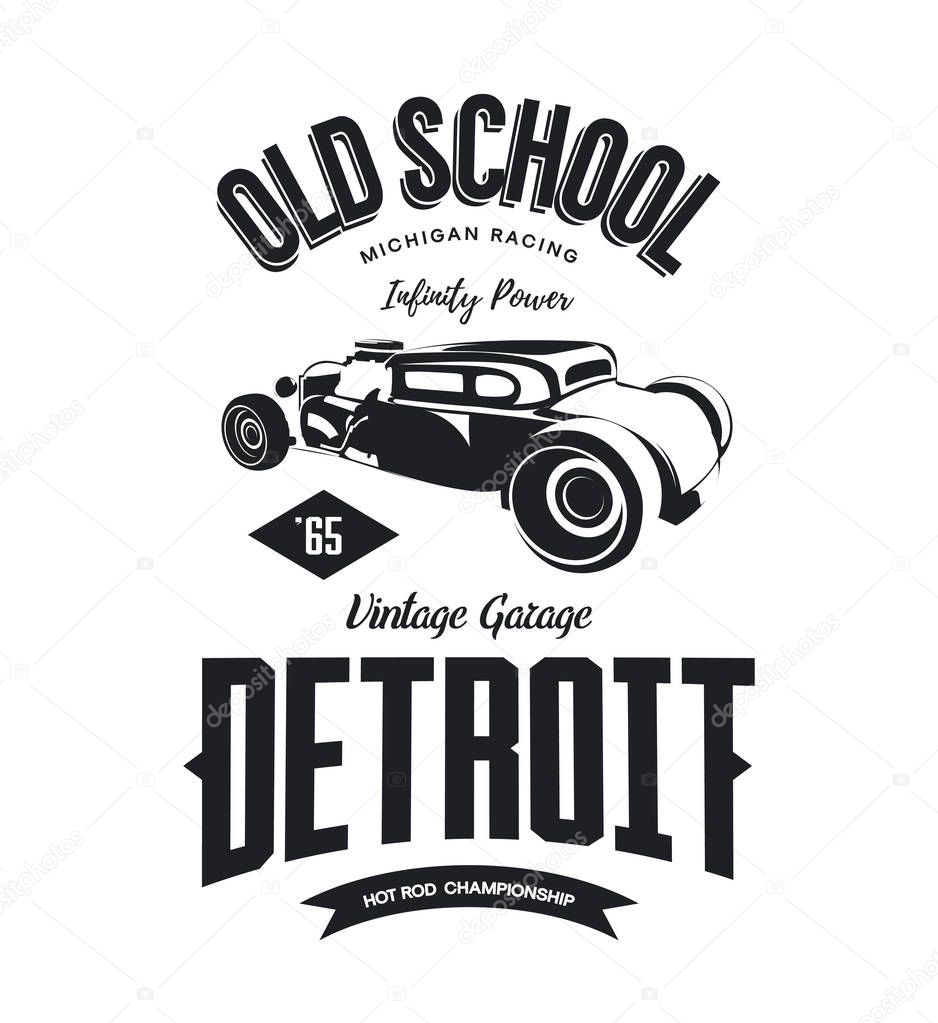 Vintage hot rod vehicle vector logo isolated on white background. Premium quality old sport car logotype t-shirt emblem illustration. Detroit, Michigan street wear superior retro tee print design.