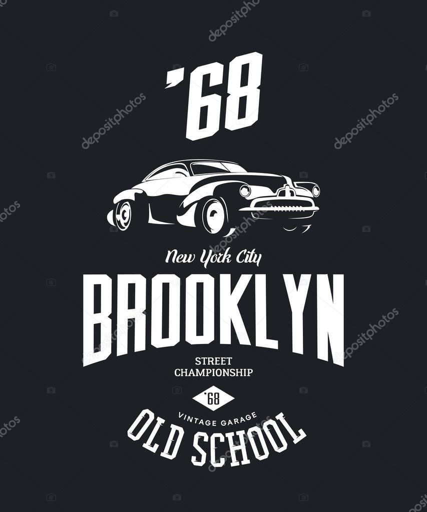 Vintage vehicle vector tee-shirt logo isolated on dark background. Premium quality old sport car logotype t-shirt emblem illustration. Brooklyn, New York street wear superior retro tee print design.