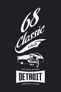 Vintage Amerikan araç t-shirt vektör logo koyu arka plan üzerinde. Premium Kalite klasik otomobil logo tişört amblemi illüstrasyon. Detroit, Michigan sokak giyim üstün retro tee baskı tasarımı.