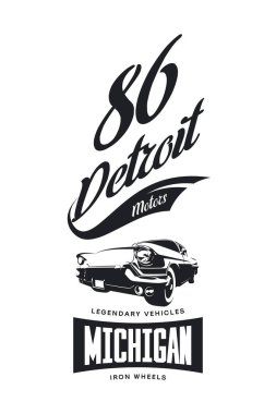 Vintage Amerikan araç t-shirt vektör logosu beyaz arka plan üzerinde. Premium Kalite klasik otomobil logo tişört amblemi illüstrasyon. Detroit, Michigan sokak giyim üstün retro tee baskı tasarımı.
