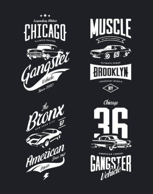 Vintage klasik gangster, kas araba vektör tişört logosu set izole. Premium Kalite eski spor araç logo t-shirt amblemi illüstrasyon. Amerikan sokak giyim üstün retro tee baskı tasarımı.