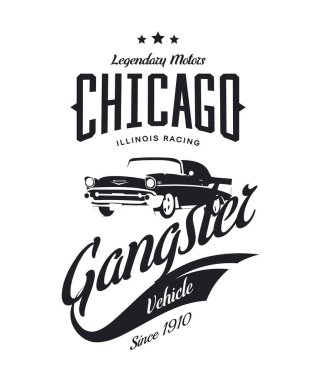 Vintage gangster araç vektör logosu beyaz arka plan üzerinde izole. Premium Kalite klasik otomobil logo tişört amblemi illüstrasyon. Chicago, Illinois sokak giyim üstün retro tee baskı tasarımı.