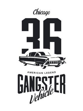 Vintage gangster araç vektör logosu beyaz arka plan üzerinde izole. Premium Kalite klasik otomobil logo tişört amblemi illüstrasyon. Chicago, Illinois sokak giyim üstün retro tee baskı tasarımı.