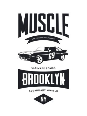 Beyaz arka plan üzerinde izole vintage kas araba vektör tişört logosunu görmeniz gerekir. Premium Kalite eski spor araç logo t-shirt amblemi illüstrasyon. Brooklyn, New York sokak giyim üstün retro tee baskı tasarımı.