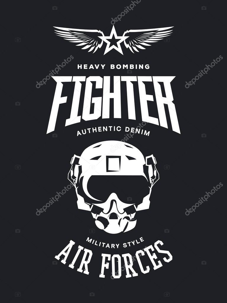 Vintage fighter pilot helmet vector logo isolated on dark background. Premium quality air force logotype t-shirt emblem illustration poster. Military street wear superior retro tee print design.