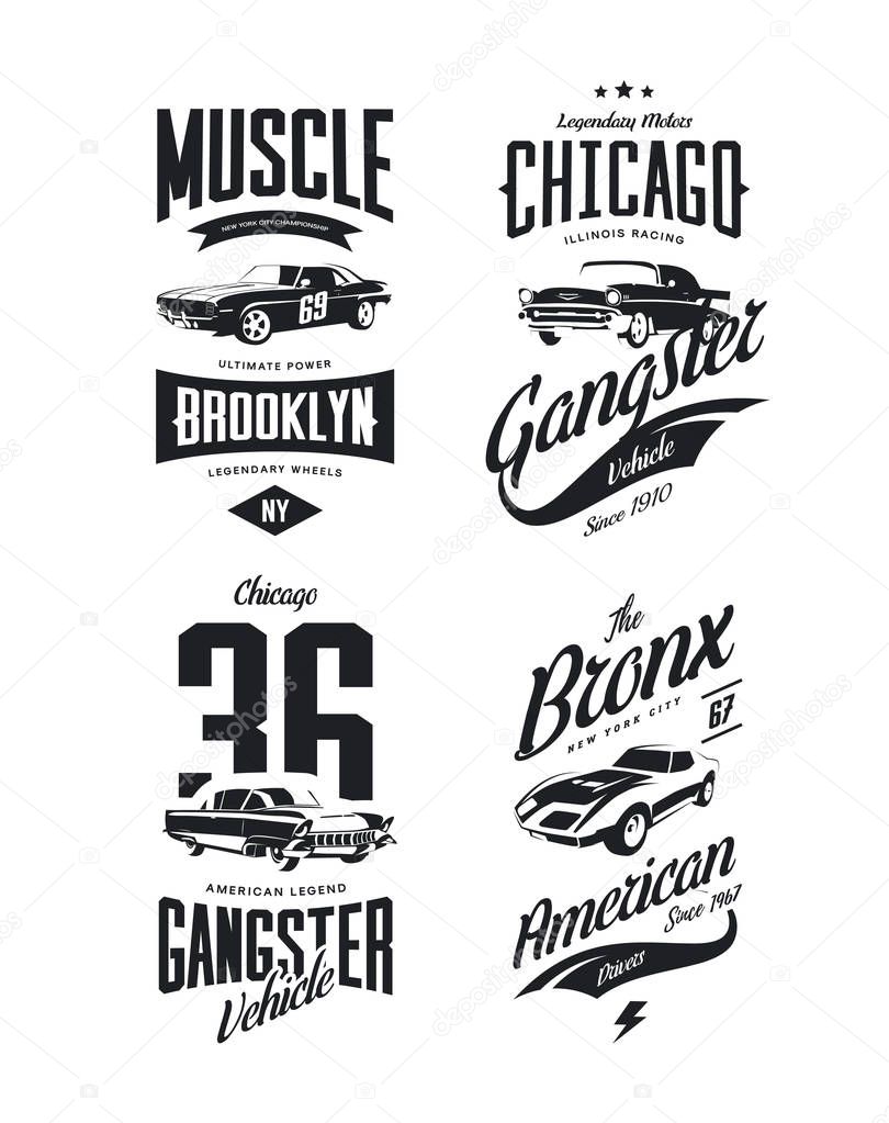Vintage classic gangster, muscle car vector tee-shirt logo isolated set.Premium quality old sport vehicle logotype t-shirt emblem illustration. American street wear superior retro tee print design.