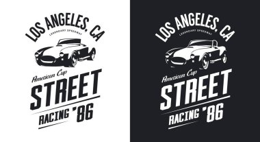 Vintage roadster Araba siyah beyaz izole vektör logosu. Premium Kalite eski spor araç logo t-shirt amblemi illüstrasyon. Los Angeles sokak giyim yenilikçi retro tee baskı tasarımı yarış.