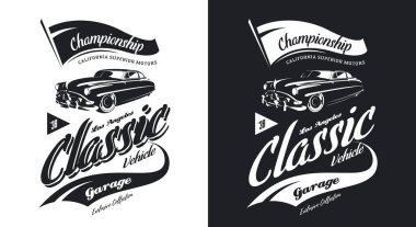Vintage klasik araç siyah beyaz izole vektör logosu. Premium Kalite eski klasik otomobil logo tişört amblemi illüstrasyon. Los Angeles, California sokak giyim yenilikçi retro tee baskı tasarımı.