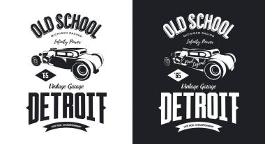 Vintage hot rod araç siyah beyaz izole vektör logosu. Premium Kalite eski spor araba logo t-shirt amblemi illüstrasyon. Detroit, Michigan sokak giyim yenilikçi retro tee baskı tasarımı.