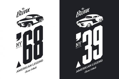 Vintage Araç siyah ve Beyaz tişört vektör logo izole. Premium Kalite eski spor araba logo t-shirt amblemi illüstrasyon. Bronx, New York sokak giyim yenilikçi retro tee baskı tasarımı.