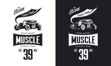 Vintage hot rod araç siyah beyaz izole vektör tişört logo. Premium Kalite spor araba logo t-shirt amblemi illüstrasyon. Bronx, New York sokak giyim yenilikçi retro tee baskı tasarımı.