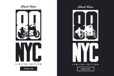 Siyah ve beyaz izole vektör t-shirt logo Vintage bisikletçileri kulübü. Premium Kalite motosiklet logo tişört amblemi illüstrasyon. New York şehir sokak giyim numara eski retro hipster tee baskı tasarımı.