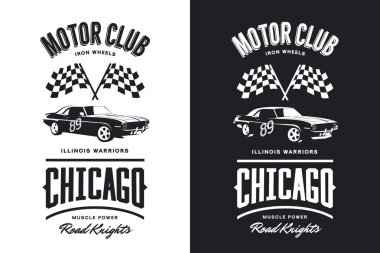Vintage kas araç siyah beyaz izole vektör logosu. Premium Kalite spor araba logo tişört amblemi illüstrasyon. Chicago, Illinois sokak giyim hipster üstün retro tee baskı tasarımı.