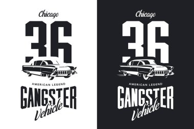 Vintage gangster araç siyah beyaz izole vektör logosu. Premium Kalite klasik otomobil logo tişört amblemi illüstrasyon. Chicago, Illinois sokak giyim yenilikçi retro tee baskı tasarımı.