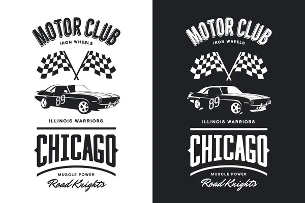 Винтажный Мускулистый Автомобиль Черно Белый Изолированный Векторный Логотип Чикаго Штат — стоковый вектор