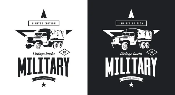 Camion Militare Vintage Logo Vettoriale Isolato Bianco Nero Premium Qualità — Vettoriale Stock