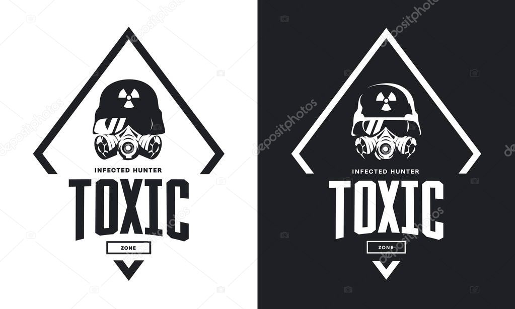 Rider in helmet and gas mask black and white isolated vector logo.Premium quality toxic chemical zone logotype t-shirt emblem illustration. Street wear superior warrior soldier retro tee print design.