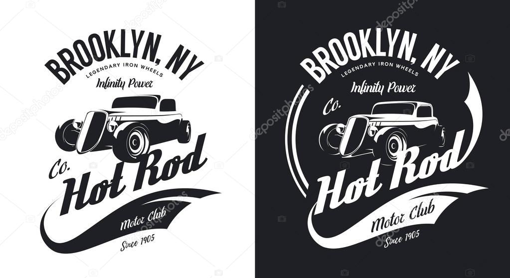 Vintage hot rod black and white tee-shirt isolated vector logo. Premium quality old sport car hipster t-shirt emblem illustration. Brooklyn, New York street wear superior retro tee print design.