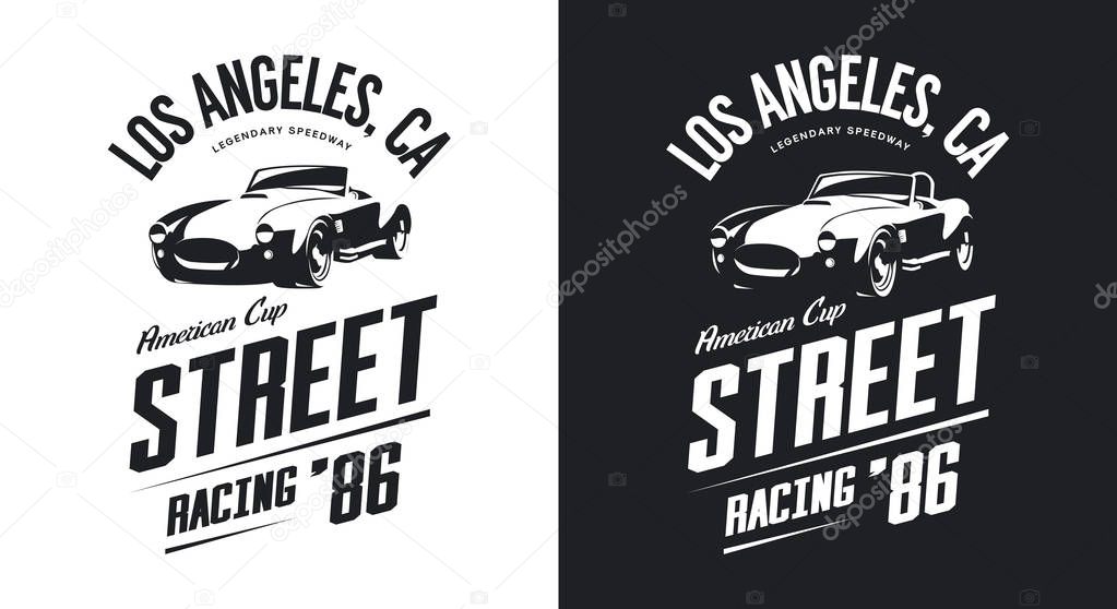 Vintage roadster car black and white isolated vector logo. Premium quality old sport vehicle logotype t-shirt emblem illustration. Los Angeles racing street wear hipster retro tee print design.