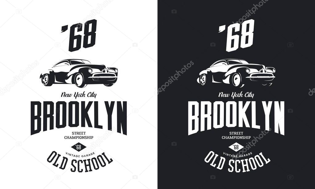 Vintage vehicle black and white tee-shirt isolated vector logo. Premium quality old sport car logotype t-shirt emblem illustration. Brooklyn, New York street wear hipster retro tee print design.