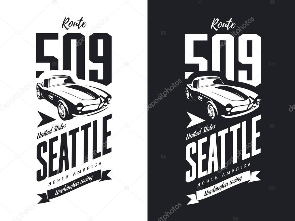 Vintage sport vehicle black and white isolated vector logo.Premium quality classic car logotype tee-shirt emblem illustration. Seattle, Washington street wear hipster retro tee print design.