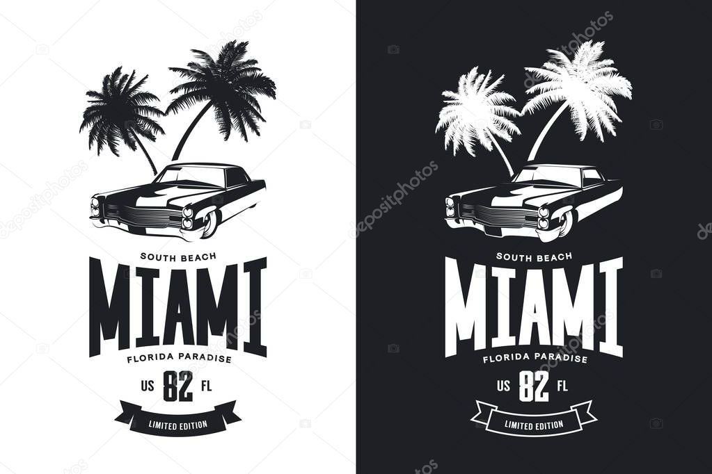 Vintage luxury vehicle black and white isolated vector logo.Premium quality classic car logotype tee-shirt emblem illustration. Miami, Florida street wear hipster retro tee print design.
