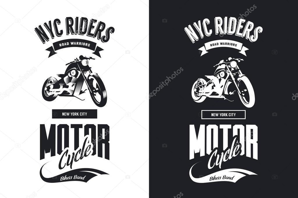 Vintage bikers club black and white isolated vector t-shirt logo.Premium quality motorcycle logotype tee-shirt emblem illustration. New York City road warriors street wear retro hipster tee print design.
