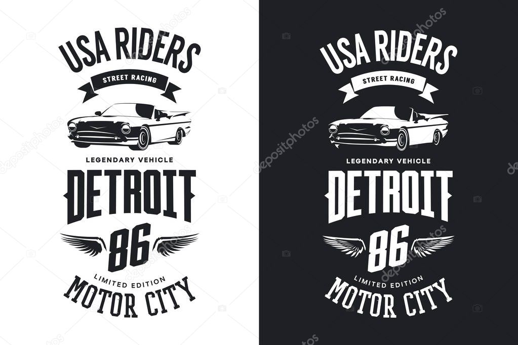 Vintage cabriolet vehicle black and white isolated t-shirt vector logo.Premium quality classic car logotype tee-shirt emblem illustration. Detroit, Michigan street wear hipster retro tee print design.